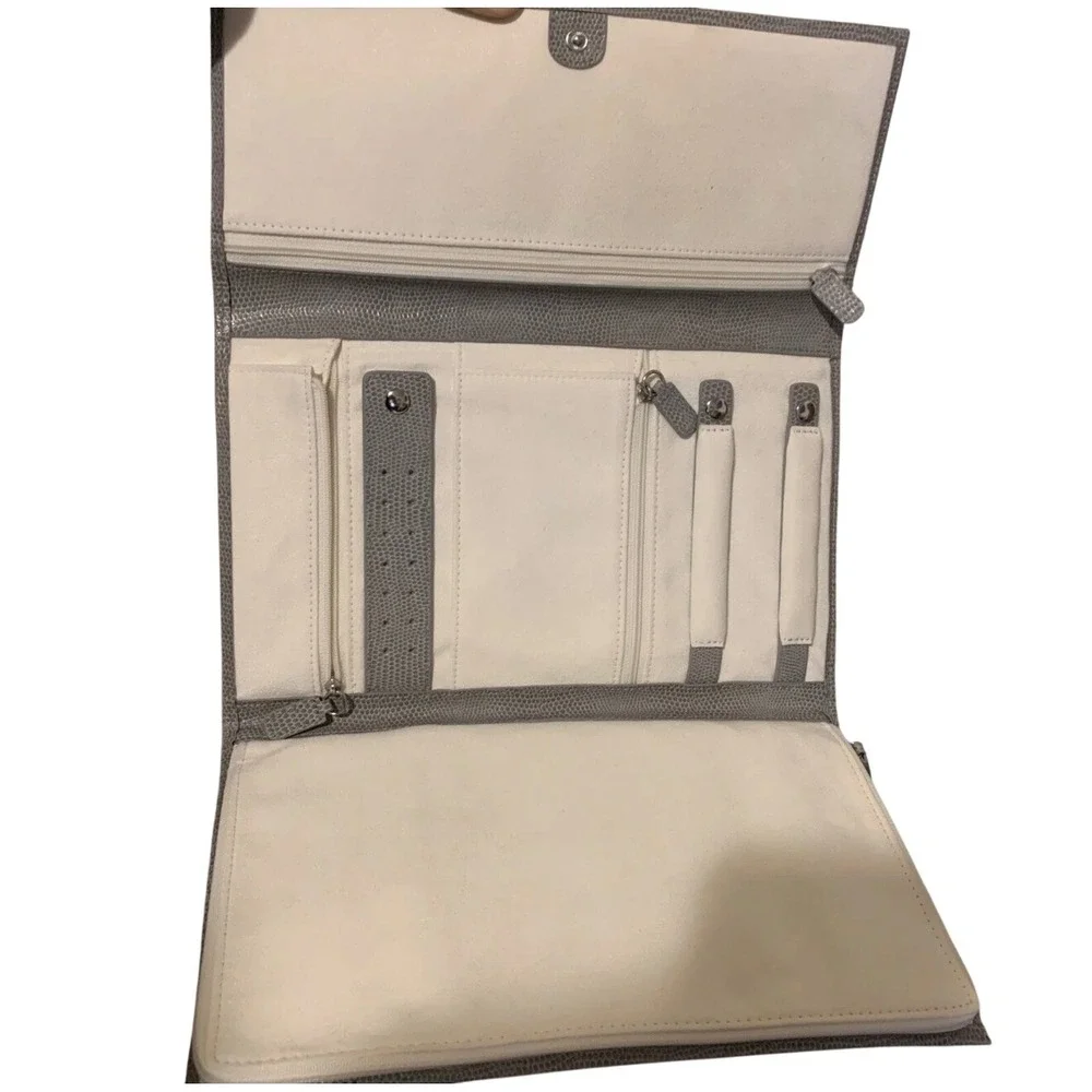 Grey Lizard Embossed Jewelry Travel Organizer Clutch Case Multi Compartment